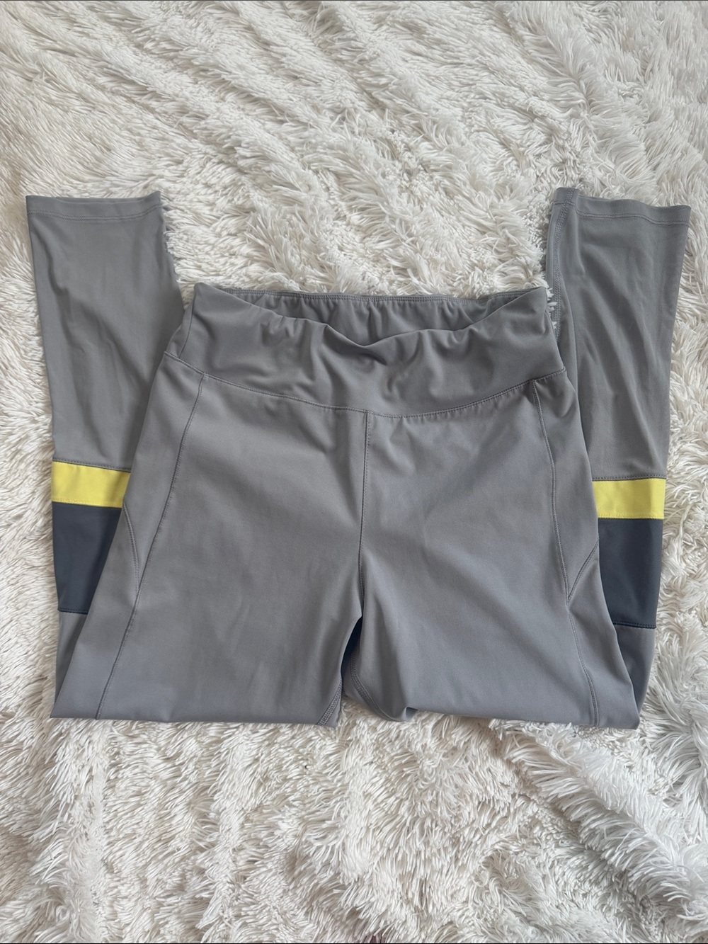 Women's Gray Athletic Leggings  Yellow Leg Stripe and Mesh Inserts